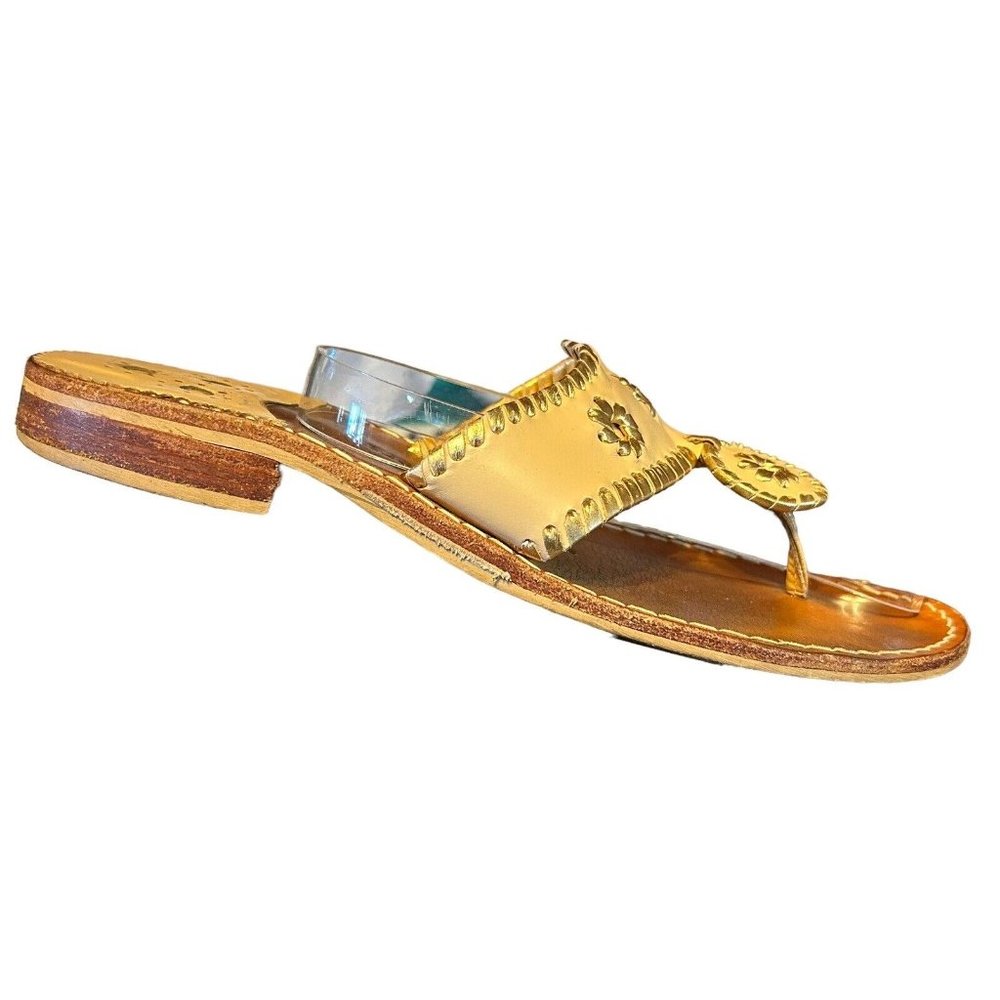 Jack Rogers Jacks II Beige/Gold Leather Flat Thong Sandal Shoes Womens 10 Casual - Picture 2 of 15